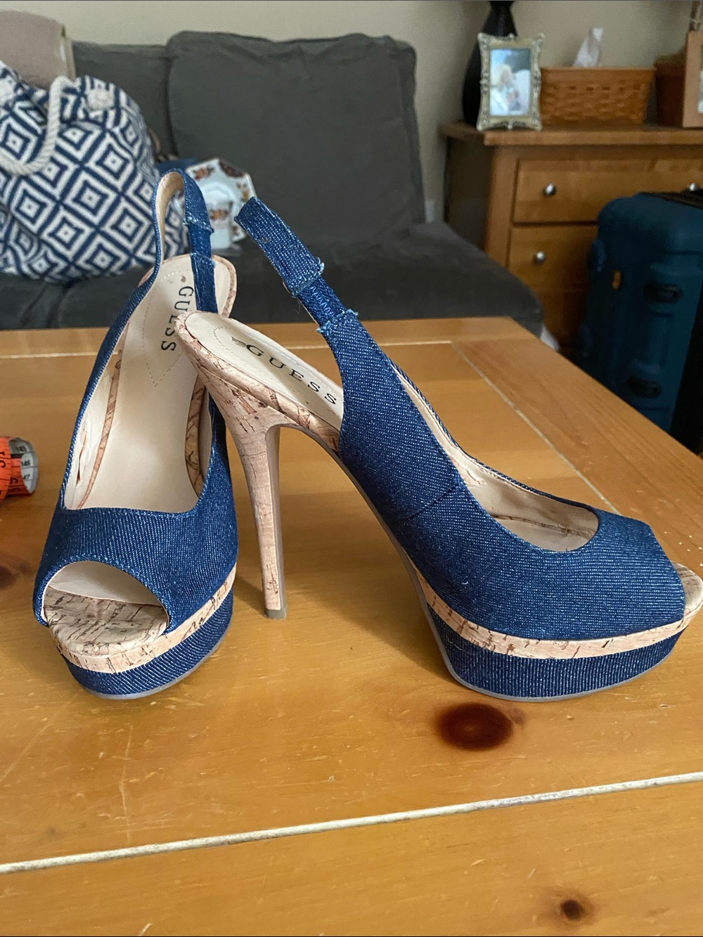 Guess Denim Blue Cork Platform Peep-Toe Slingbacks